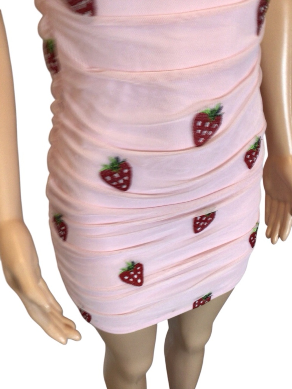 NWOT Rue21 Strawberry Mesh Ruched Mini Dress Pink Kawaii Sheer Overlay Stretch M - Picture 3 of 7